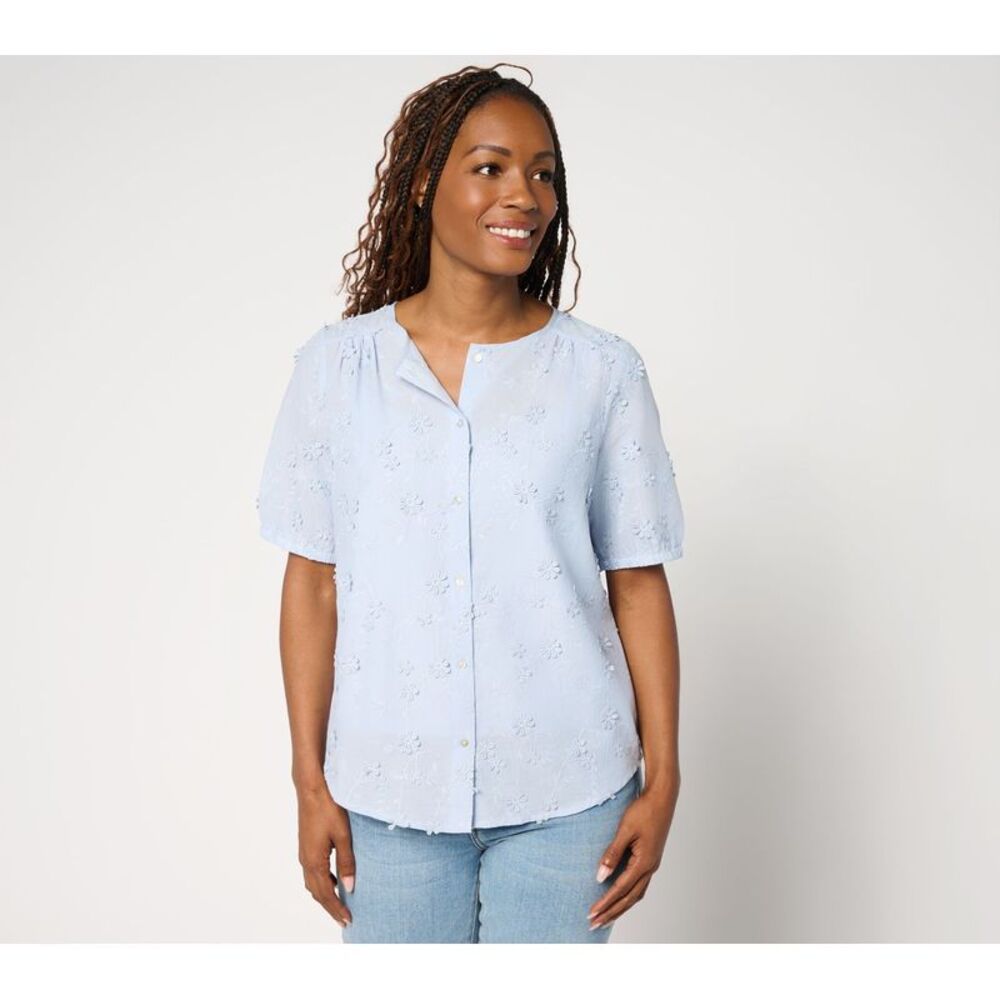 Top Knot Women's Sz M 100% Cotton Floral Applique Shirt Blue A691699